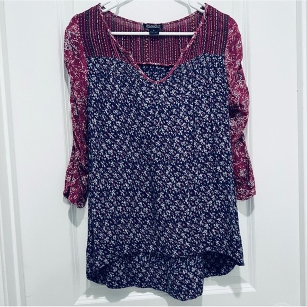 Lucky Brand Mixed Print High Low Boho Top 3/4 Ruched Sleeve Women's Size Small